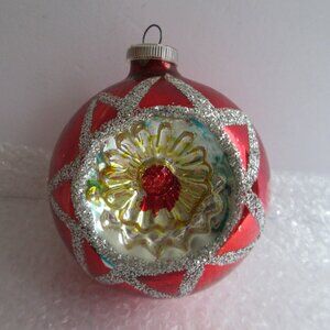 Shiny Brite Lanissa Reflector Indent Ornament W. Germany Red Glitter 3.25"